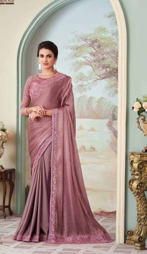 Pink Color Glass Silk Embroidery Work Party Wear Designer Saree -5025159290