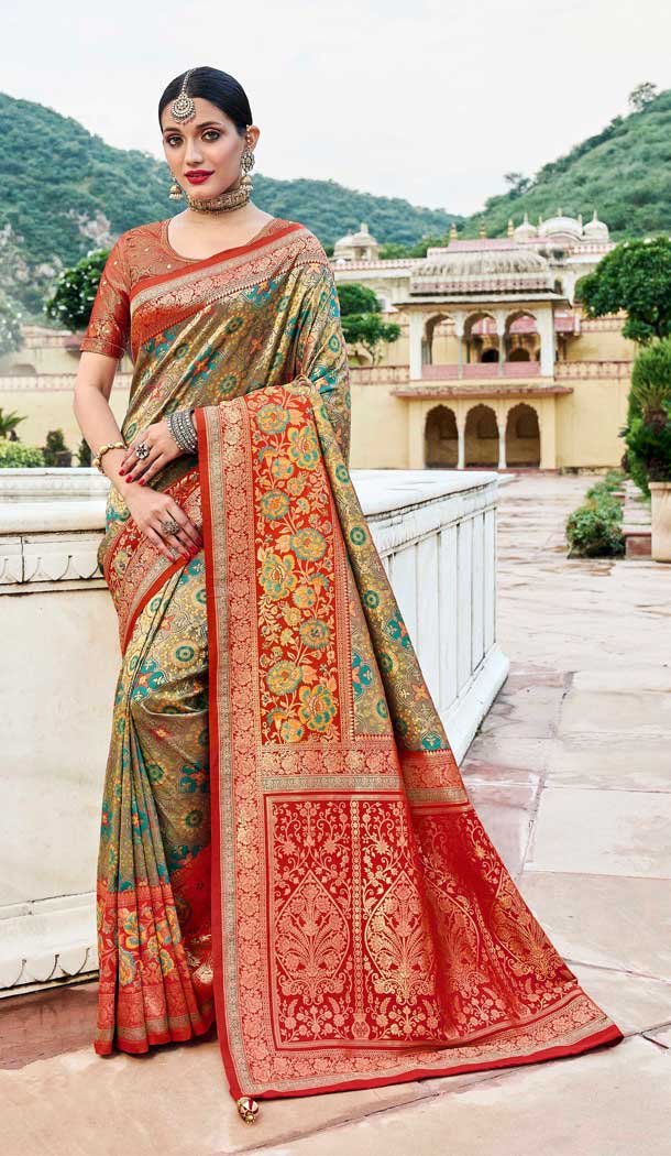 Green Color Silk Kanjivaram Tissue And Khatli Work Designer Wear Saree -5053159497