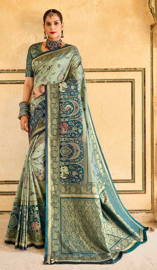 Light Cyan Color Silk Kanjivaram Tissue And Khatli Work Designer Wear Saree -5053159499