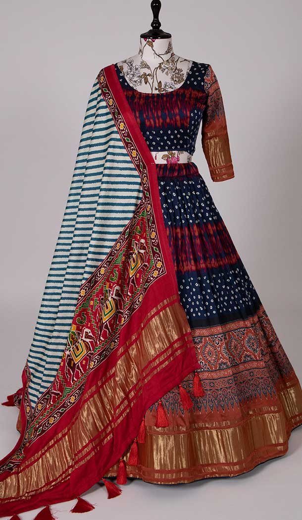 Gaji Silk Navy Blue Color Digital Print Work Function Wear Lehenga Choli -5078159661
