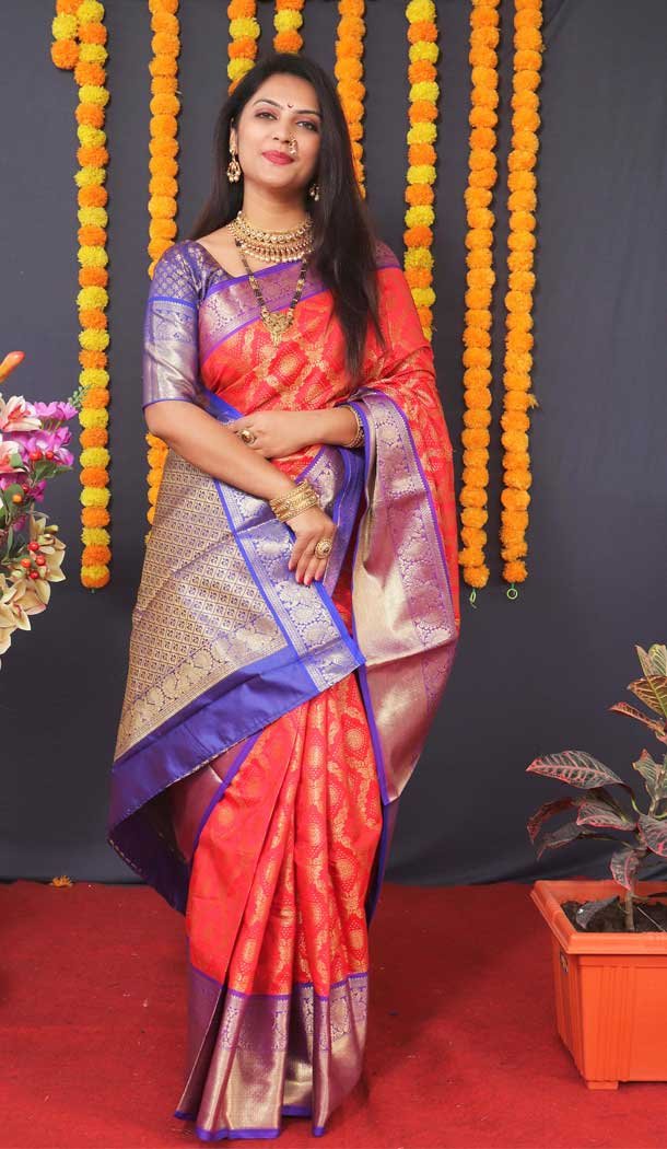 Traditional Wear Light Red Color Banarasi Silk Jacquard Work Designer Saree -5086159763