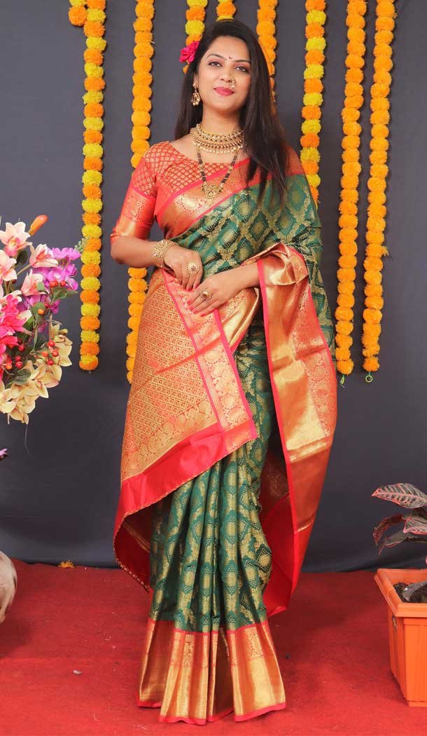 Green Color Traditional Wear Banarasi Silk Jacquard Work Designer Saree -5086159764