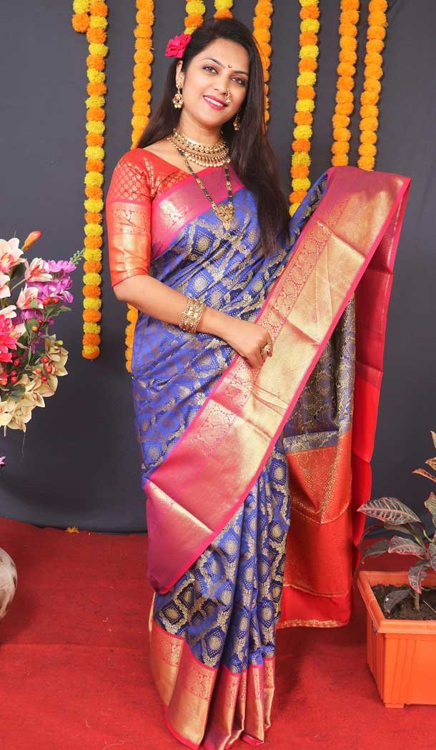 Traditional Wear Blue Color Banarasi Silk Jacquard Work Designer Saree -5086159765