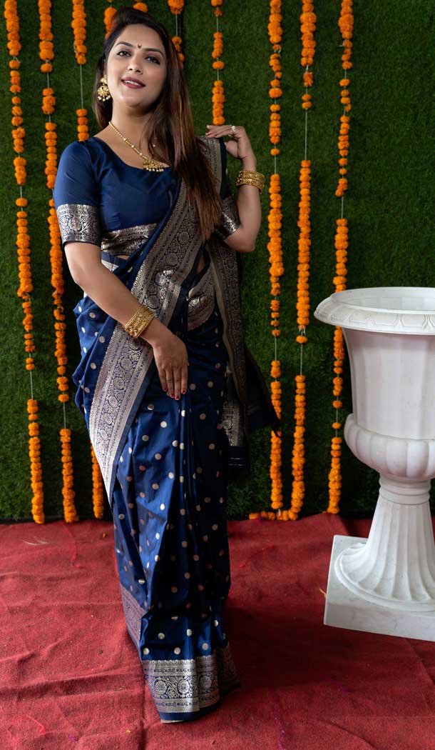 Navy Blue Color Banarasi Silk Jacquard Work Traditional Party Wear Saree -5087159770
