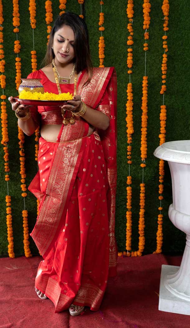 Red Color Banarasi Silk Jacquard Work Traditional Party Wear Saree -5087159772