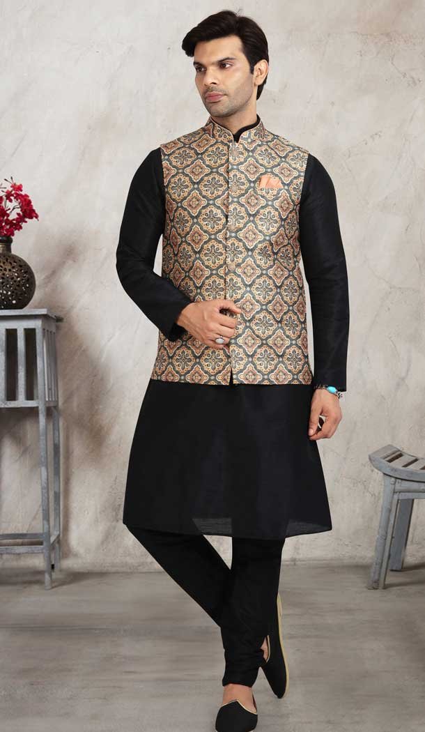 Black Color Art Silk Printed Work Men's Kurta Pajama With Jacket -5081159690
