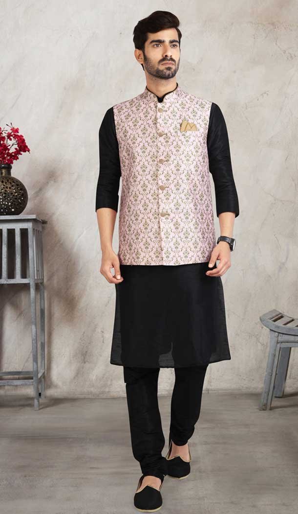 Art Silk Black Color Printed Work Men's Kurta Pajama With Jacket -5081159691