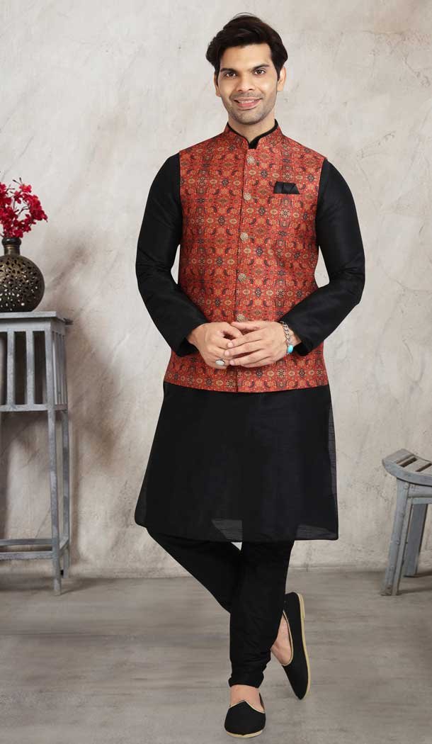 Printed Work Black Color Art Silk Men's Kurta Pajama With Jacket -5081159692