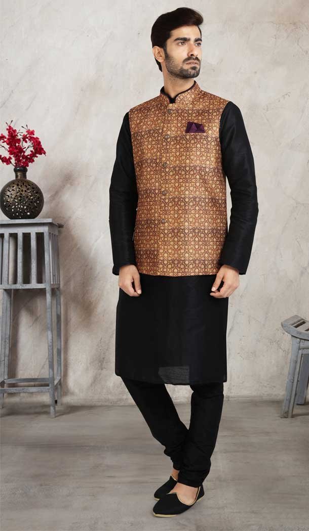 Traditional Wear Black Color Art Silk Printed Work Men's Kurta Pajama With Jacket -5081159693