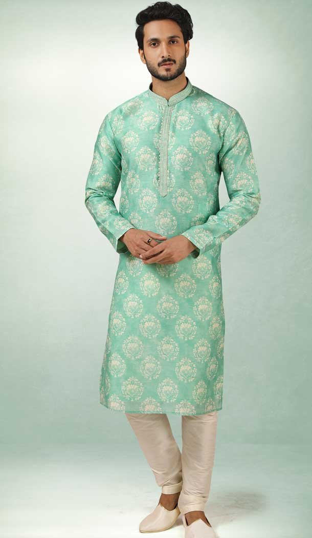 Green Color Art Silk Printed Work Traditional Wear Men's Kurta Pajama -508219695