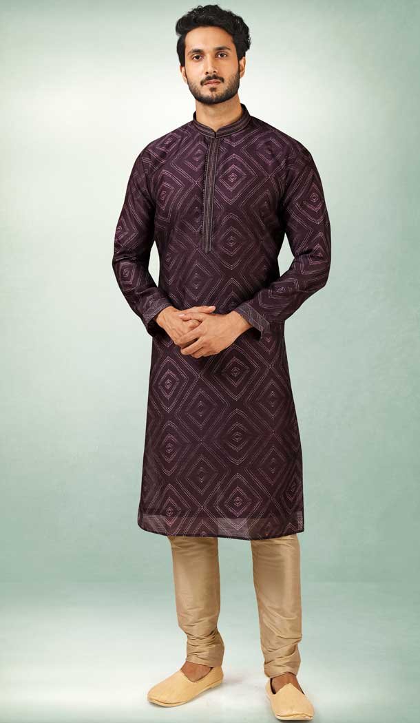 Purple Color Art Silk Printed Work Traditional Wear Men's Kurta Pajama -508219701