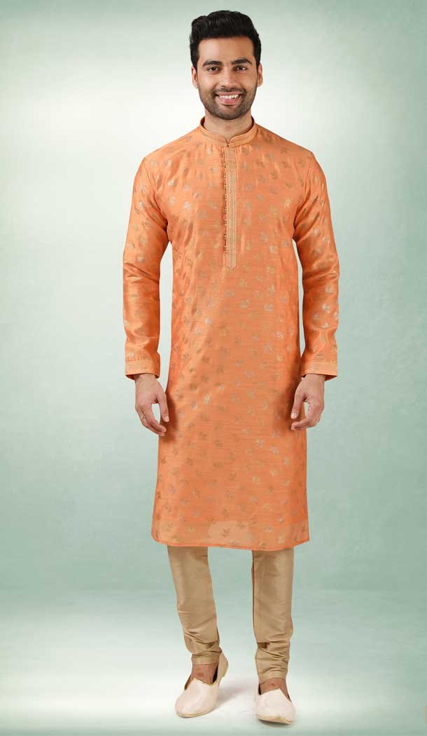 Orange Color Art Silk Printed Work Traditional Wear Men's Kurta Pajama -508219704