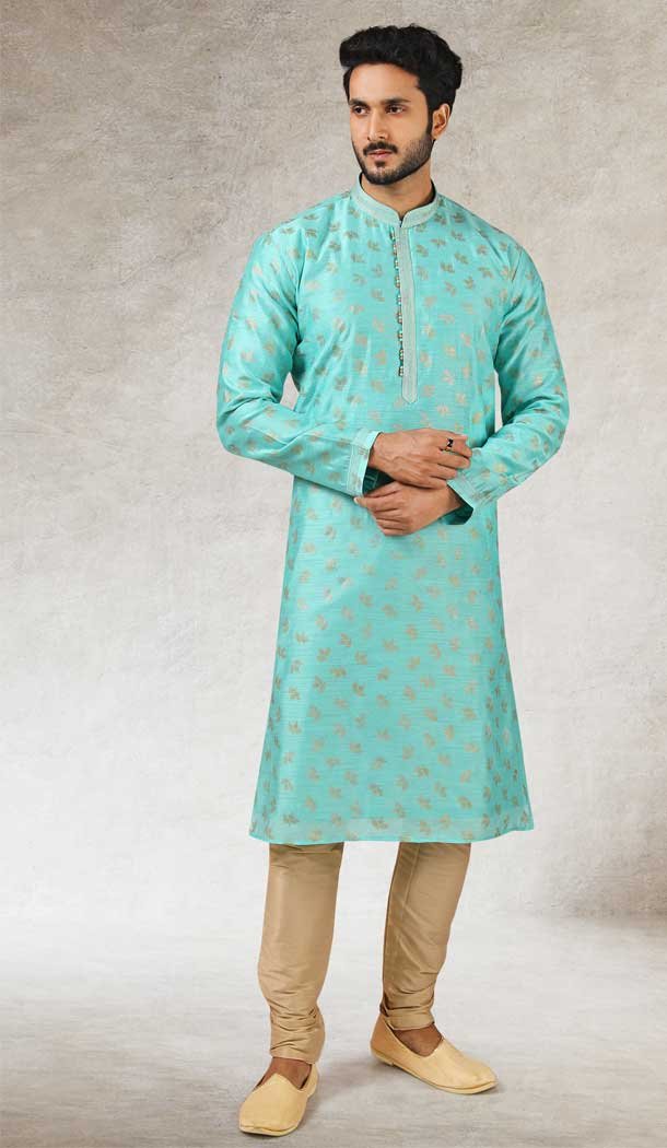 Printed Work Green Color Art Silk Traditional Wear Men's Kurta Pajama -508219705