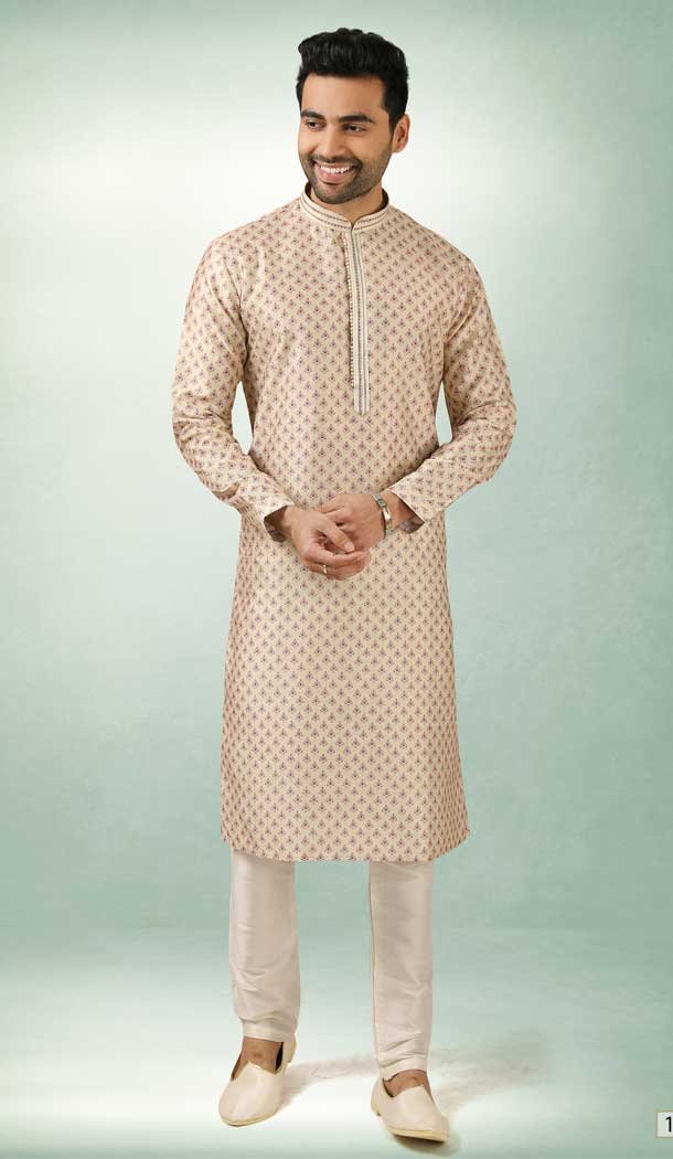 Cream Color Art Silk Printed Work Traditional Wear Men's Kurta Pajama -508219707