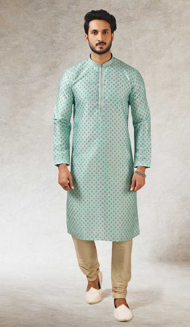 Pista Green Color Art Silk Printed Work Traditional Wear Men's Kurta Pajama -508219709