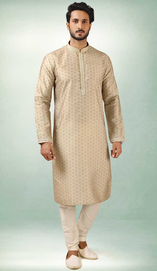 Beige Color Art Silk Printed Work Traditional Wear Men's Kurta Pajama -508219710