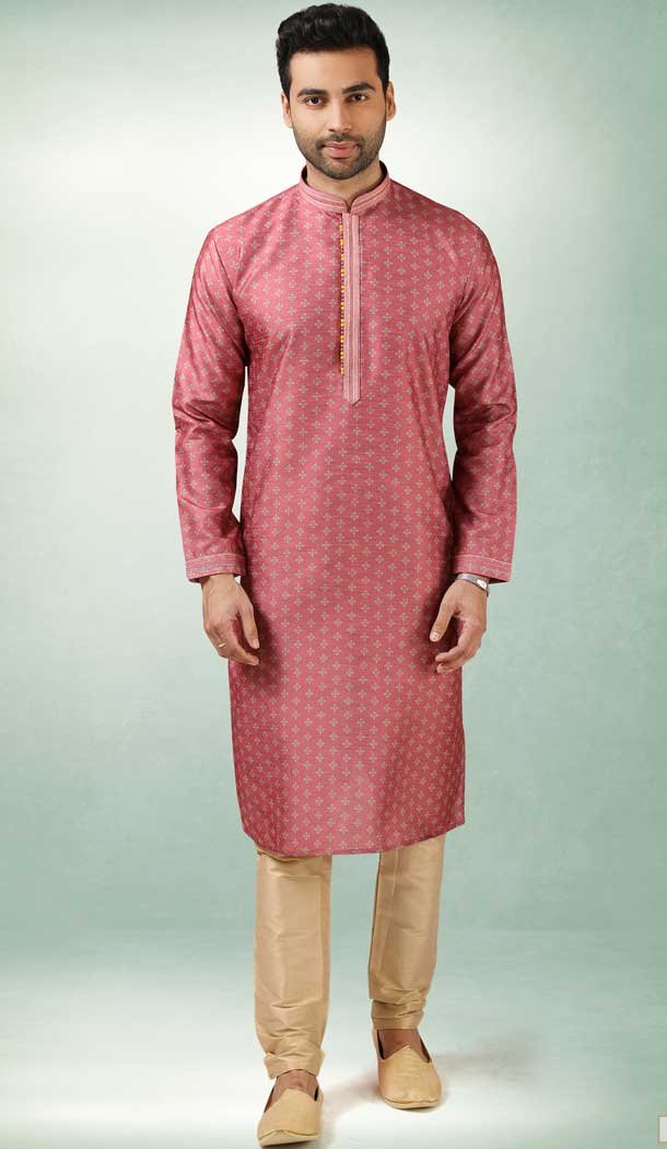 Onion Pink Color Art Silk Printed Work Traditional Wear Men's Kurta Pajama -508219712