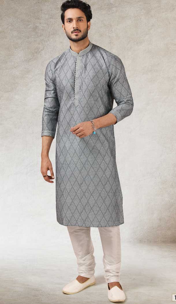Grey Black Color Art Silk Printed Work Traditional Wear Men's Kurta Pajama -508219717