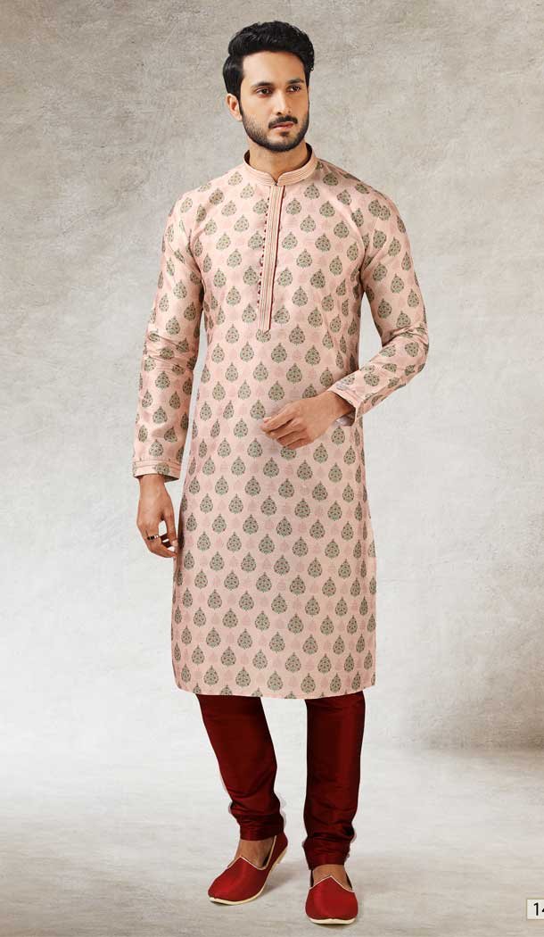Printed Work Peach Color Art Silk Traditional Wear Men's Kurta Pajama -508219718