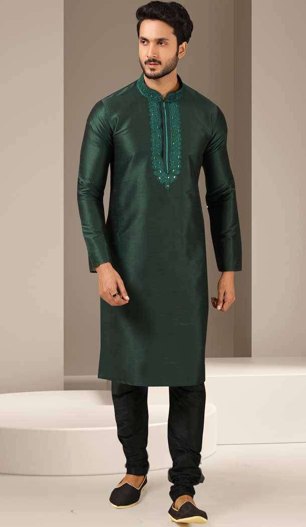 Dark Green Color Banarasi Art Silk Mirror Work Traditional Wear Men's Kurta Pajama -5083159728