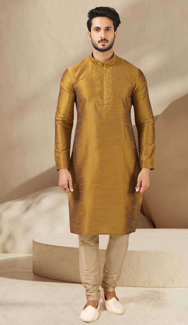 Gold Color Banarasi Art Silk Mirror Work Traditional Wear Men's Kurta Pajama -5083159734