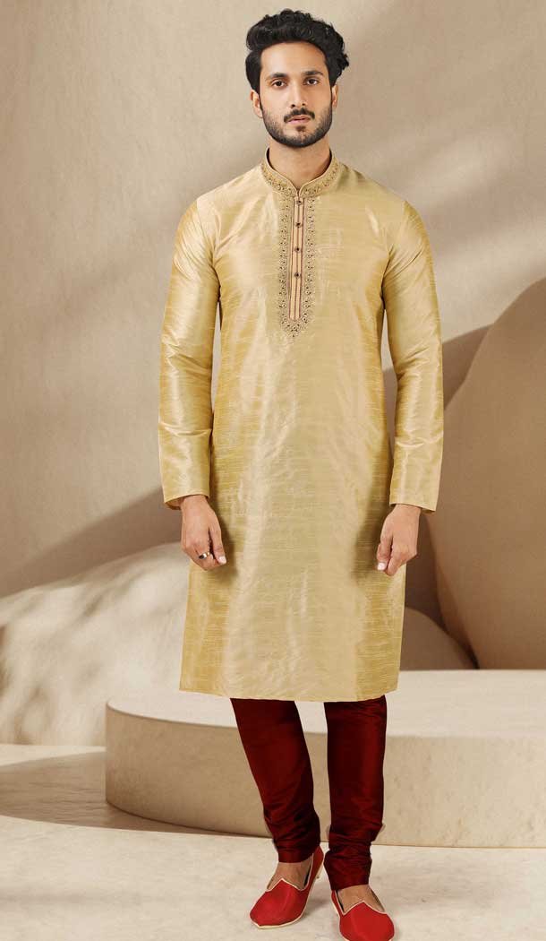 Banarasi Art Silk Gold Color Mirror Work Traditional Wear Men's Kurta Pajama -5083159738