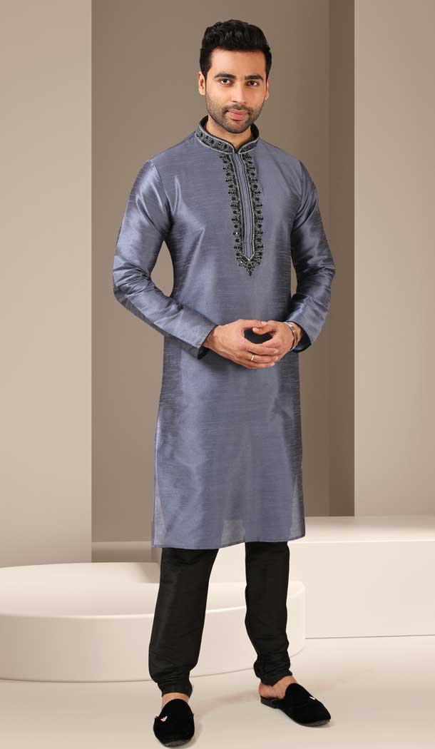Dark Grey Color Banarasi Art Silk Mirror Work Traditional Wear Men's Kurta Pajama -5083159743