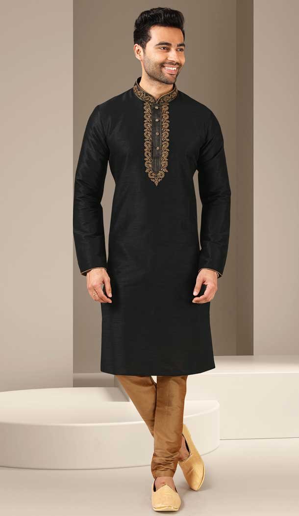 Black Color Banarasi Art Silk Mirror Work Traditional Wear Men's Kurta Pajama -5083159746