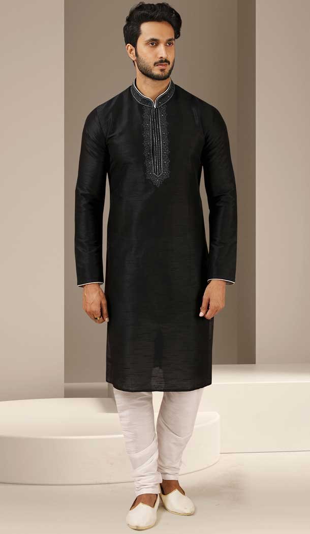 Banarasi Art Silk Black Color Mirror Work Traditional Wear Men's Kurta Pajama -5083159749