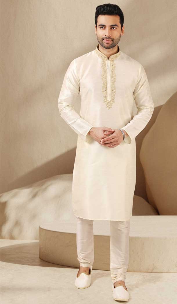Cream Color Banarasi Art Silk Mirror Work Traditional Wear Men's Kurta Pajama -5083159750