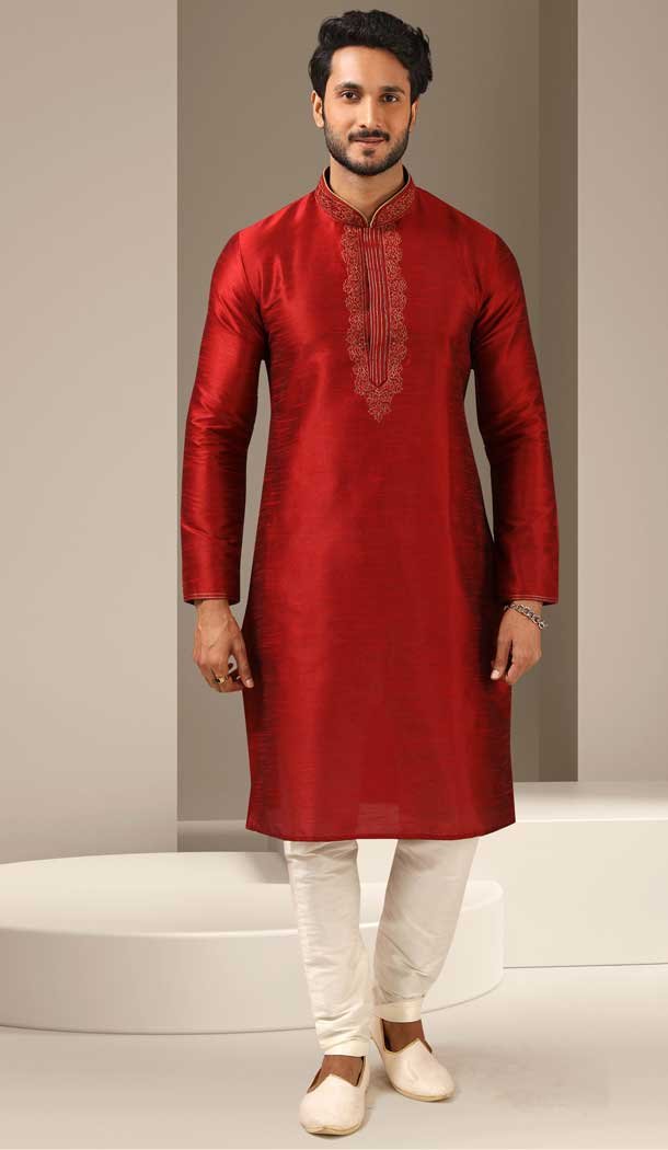 Banarasi Art Silk Maroon Color Mirror Work Traditional Wear Men's Kurta Pajama -5083159752