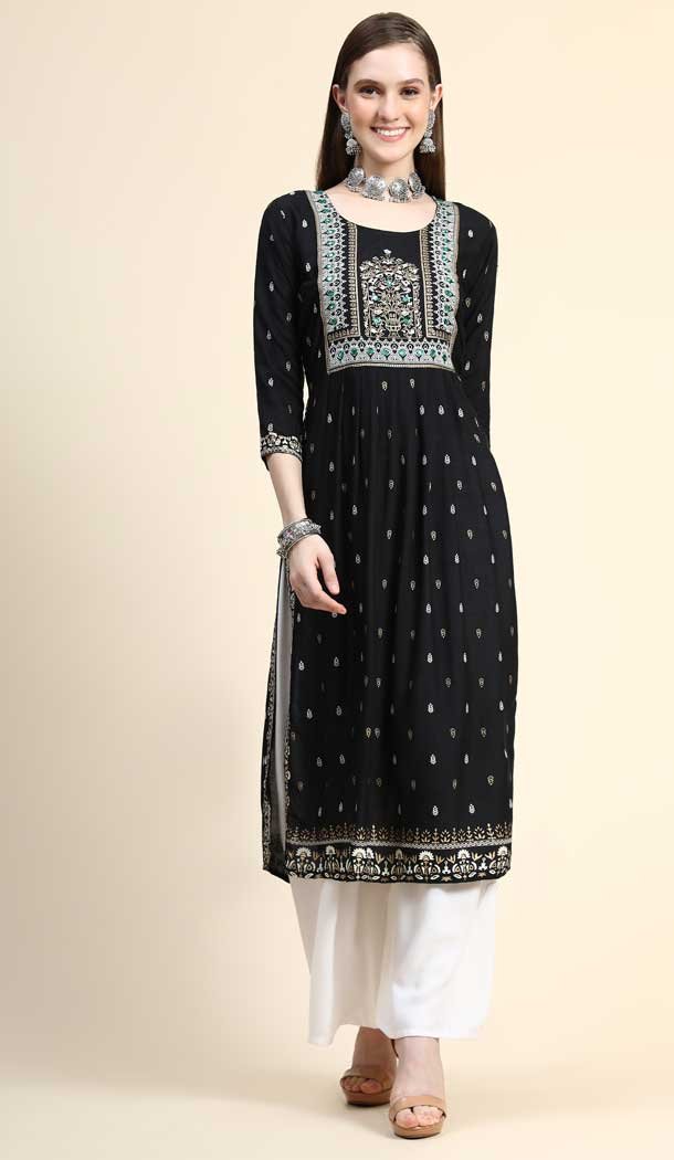 Black Color Rayon Foil With Mirror Work Party Wear Readymade Kurti-5089159779