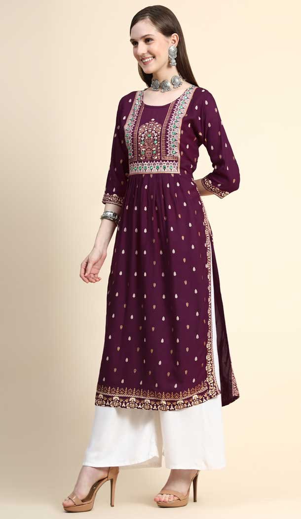Wine Color Rayon Foil With Mirror Work Party Wear Readymade Kurti-5089159782