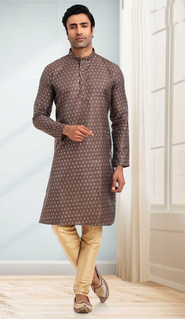 Coffee Color Jacquard Butti Work Function Wear Designer Men's Kurta Pajama -5091159795