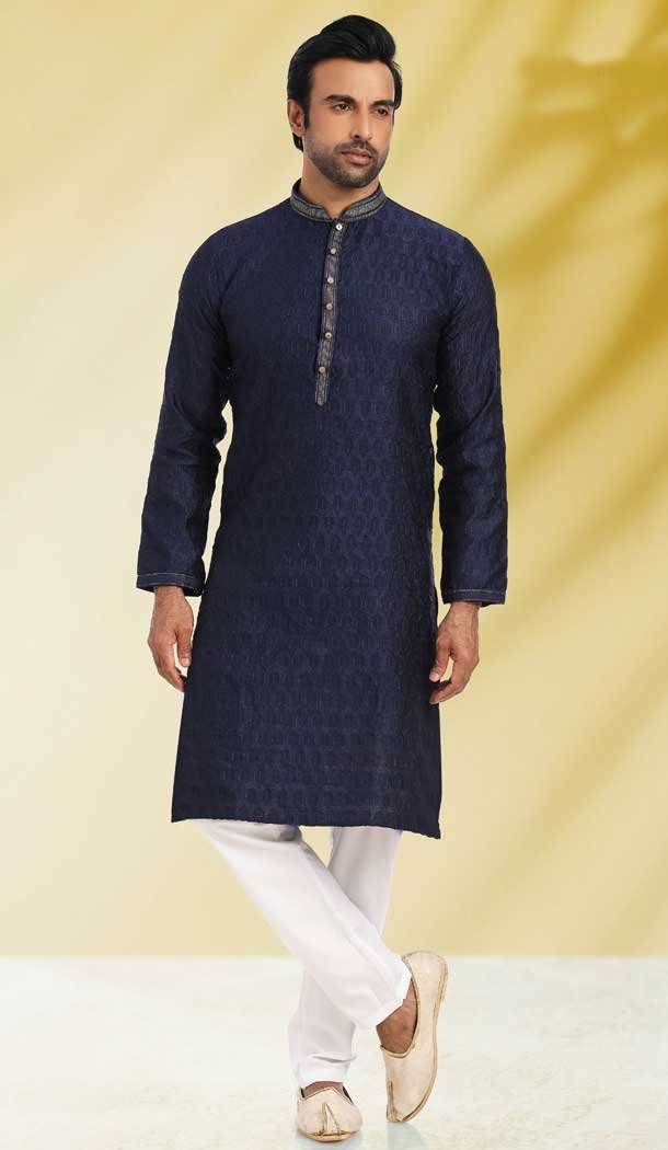Navy Blue Color Jacquard Symbol Design Work Party Wear Men's Kurta Pajama -5092159804