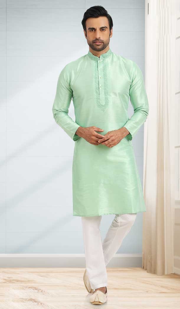 Pista Green Color Silk Embroidery Work Function Wear Men's Kurta Pajama -5093159808
