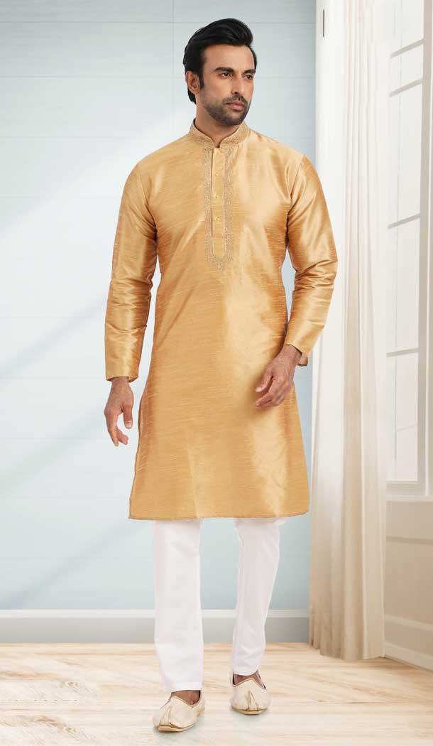 Khaki Color Silk Embroidery Work Function Wear Men's Kurta Pajama -5093159816