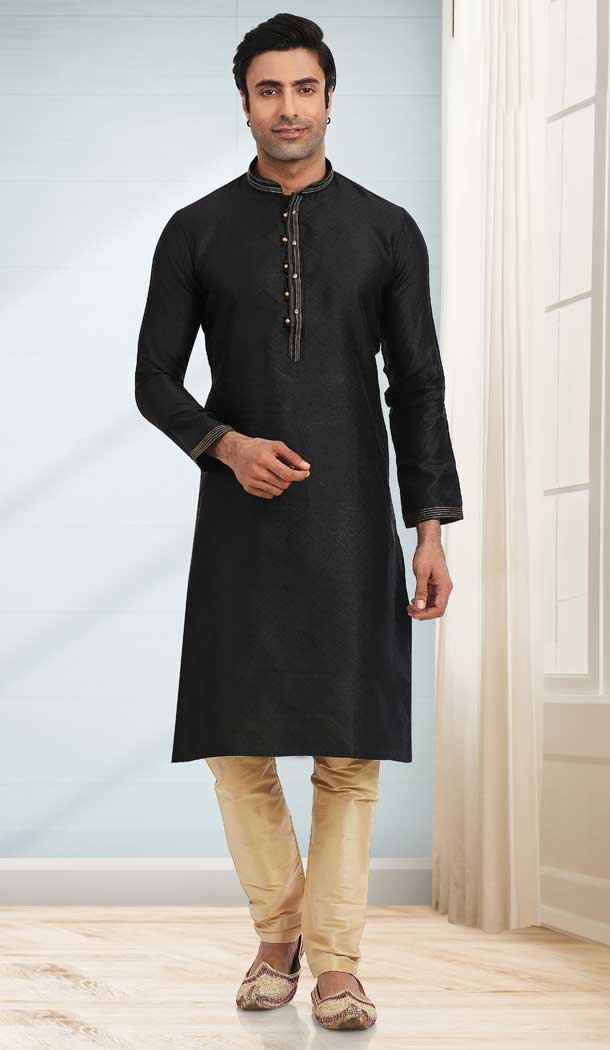 Black Color Jacquard Self Work Function Wear Men's Kurta Pajama -5106159851