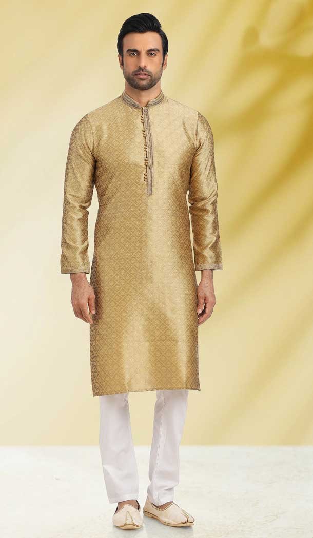 Gold Color Jacquard Self Work Function Wear Men's Kurta Pajama -5106159852