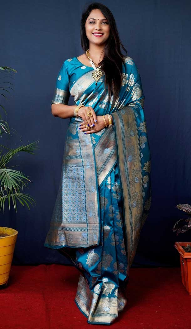 Rama Blue Color Banarasi Silk Jacquard Work Traditional Wear Saree -5116159945