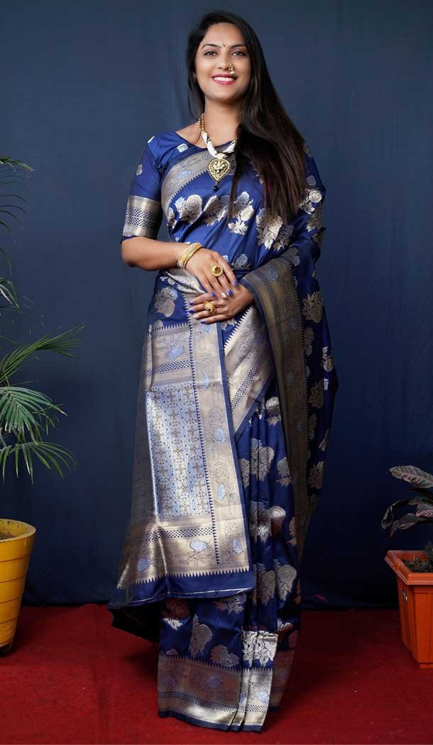 Navy Blue Color Banarasi Silk Jacquard Work Traditional Wear Saree -5116159948