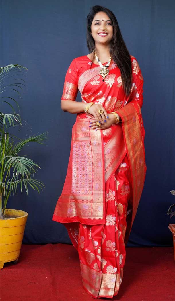 Red Color Banarasi Silk Jacquard Work Traditional Wear Saree -5116159950
