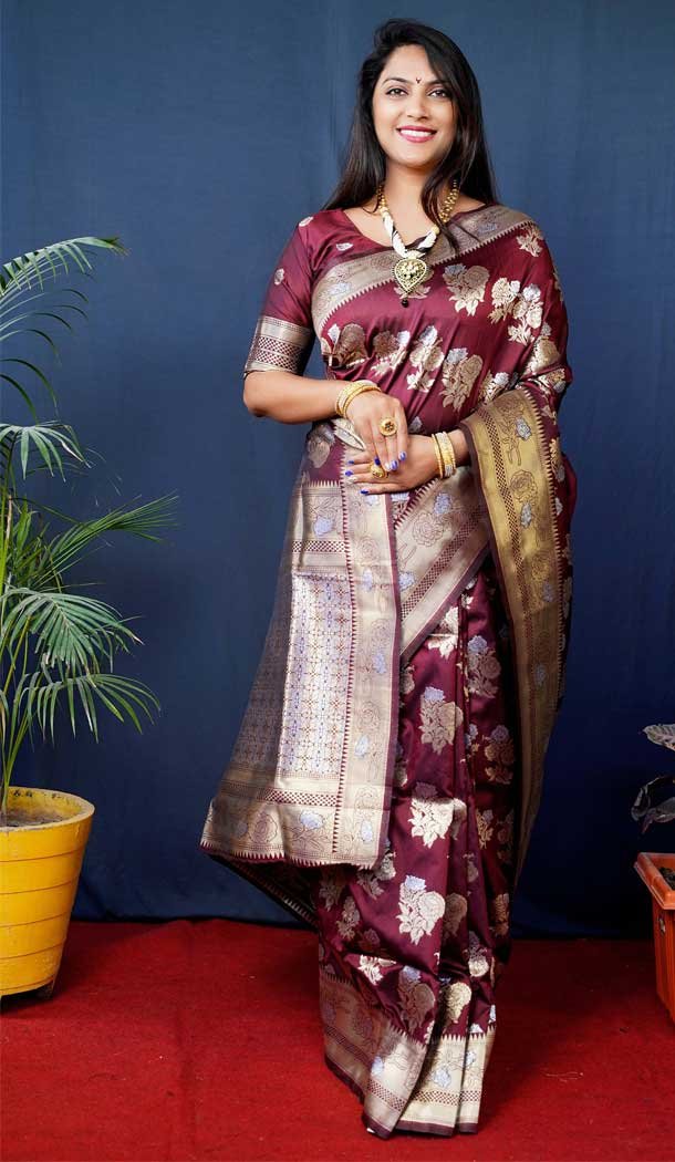 Maroon Color Banarasi Silk Jacquard Work Traditional Wear Saree -5116159952