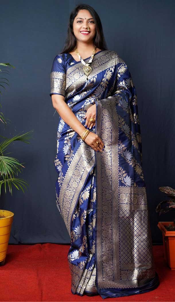 Navy Blue Color Banarasi Silk Jacquard Work Traditional Party Wear Designer Saree -5117159955