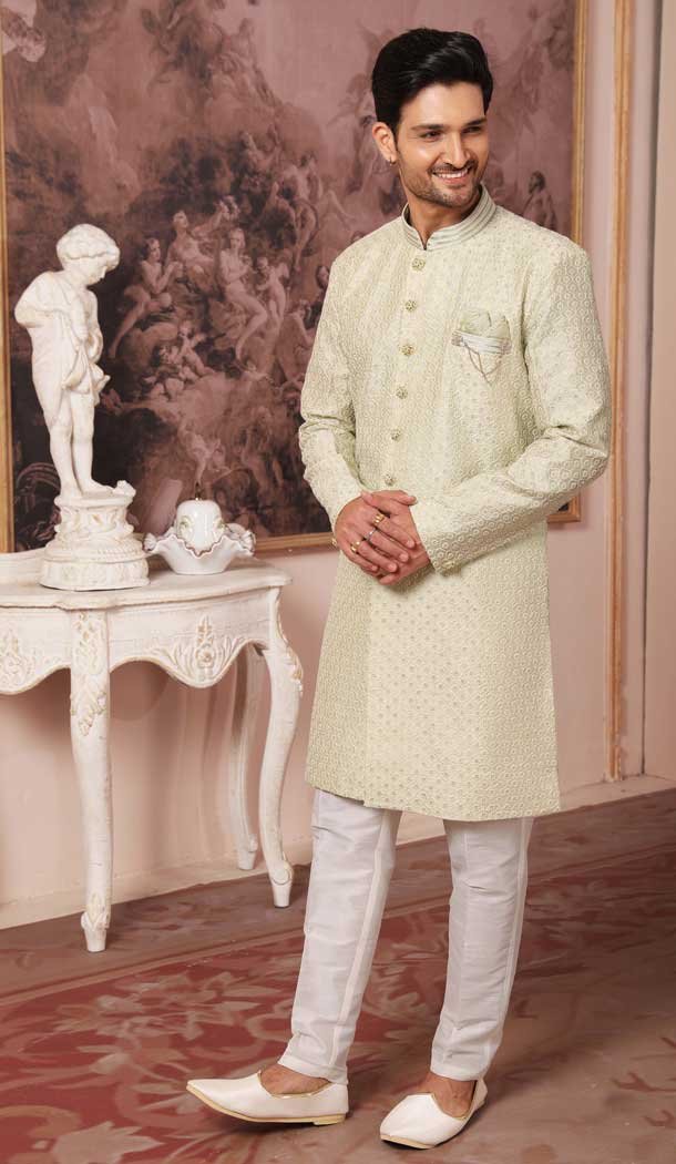 Pista Color Art Silk Sequins Work Wedding Wear Men's Semi Indo Western -5119159974