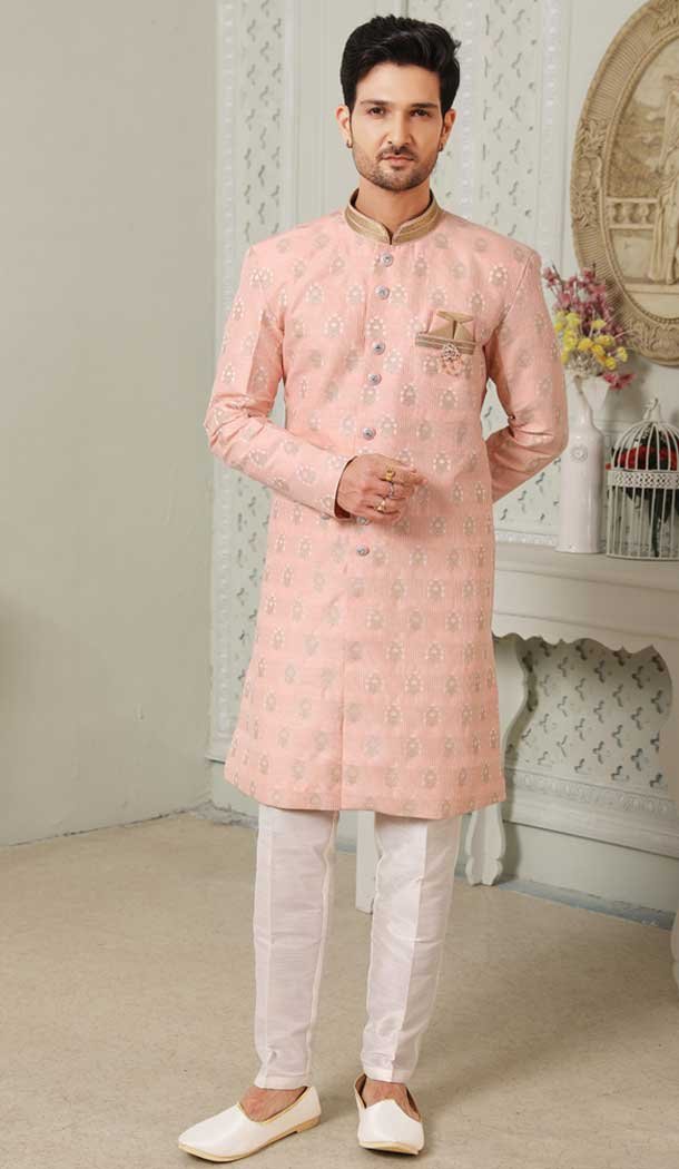 Pink Color Art Silk Self And Zari Work Wedding Wear Men's Semi Indo Western -5120160004