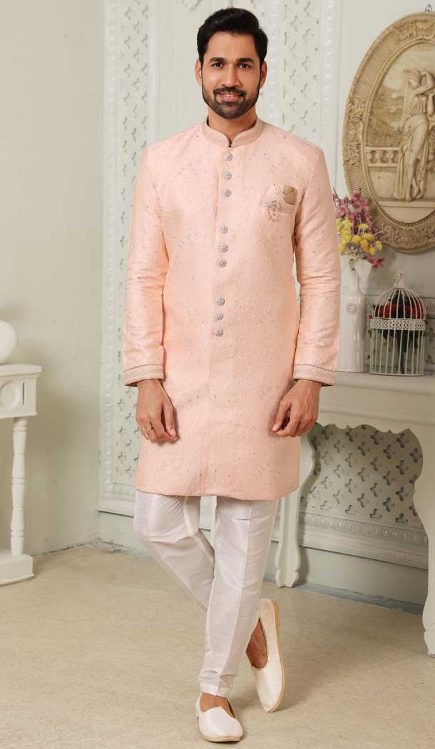 Peach Color Jacquard Semi-Silk Brocade Printed Work Wedding Wear Men's Semi Indo Western -5120160007