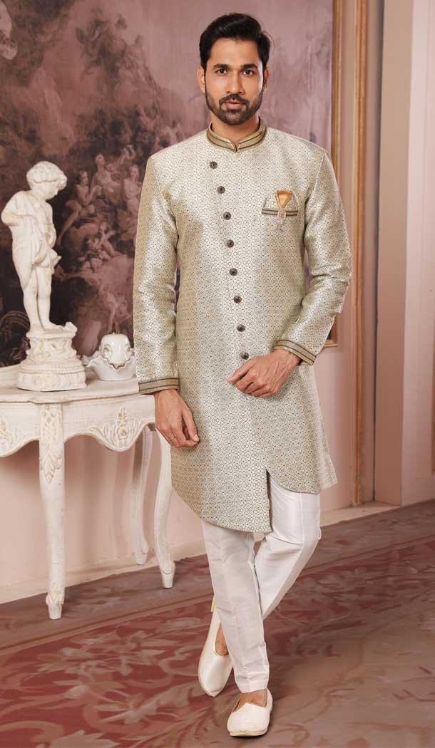 Cream Color Jacquard Semi-Silk Brocade Zari Work Wedding Wear Men's Semi Indo Western -5120160010