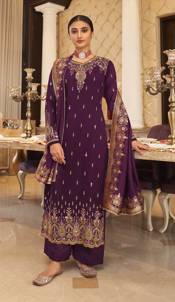 Wine Color Georgette Thread And Zari Embroidery Work Palazzo Salwar Suit -5128160058