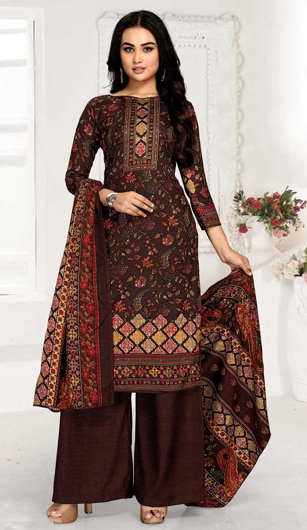 Party Wear Brown Color Pashmina Silk Printed Work Palazzo Salwar Kameez -5133160081